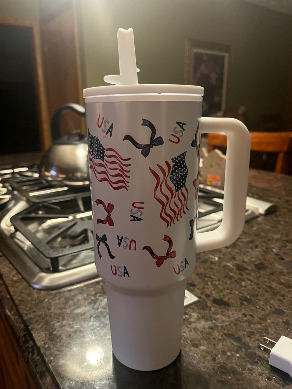 Patriotic White Insulated Travel Tumbler with Handle - USA Flag Design